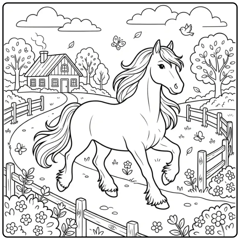 Leuke paarden kleurplaat fries dravend langs een hek