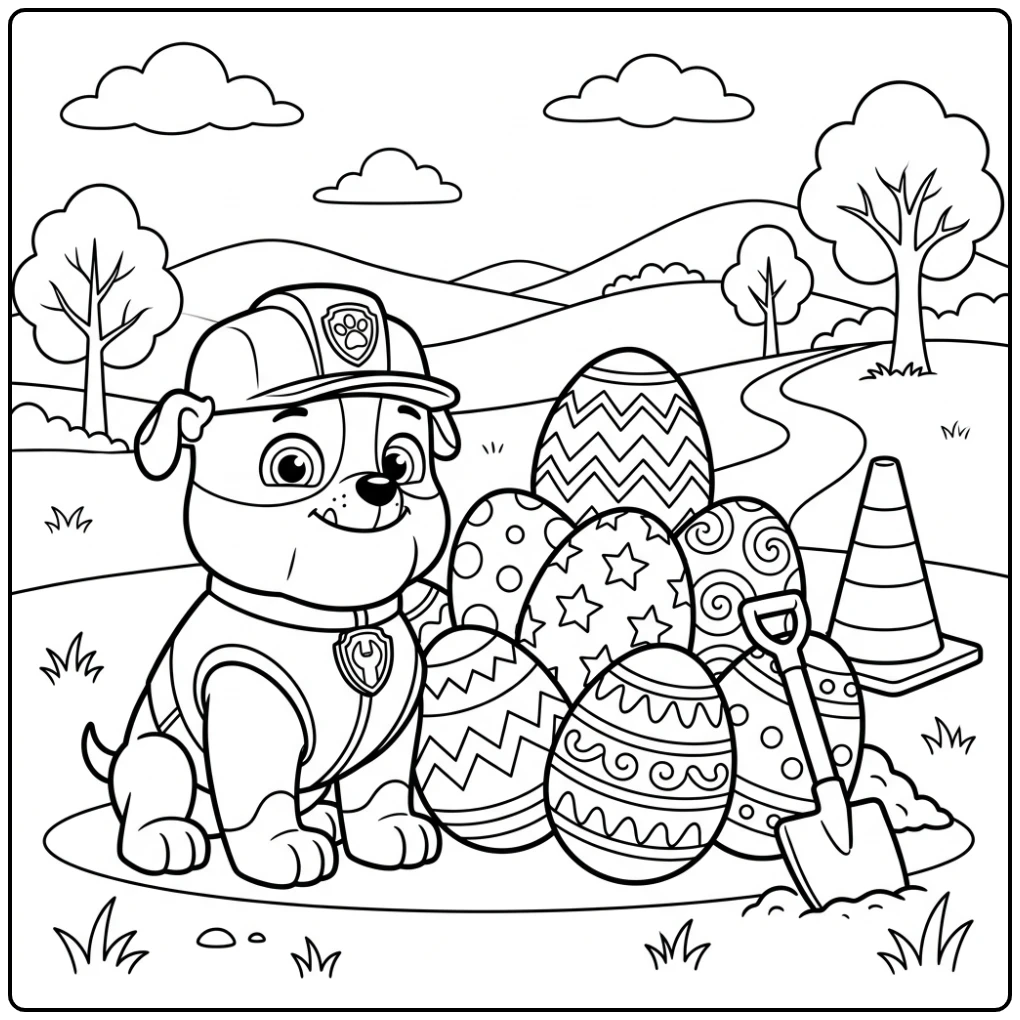 Rubble versiert eieren met een schepje, kleurplaat paw patrol pasen fun.