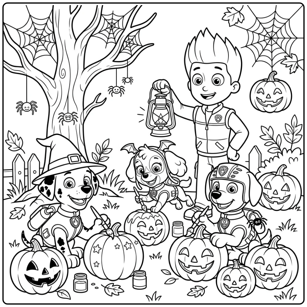 Marshall, Skye, Zuma versieren pompoenen; paw patrol halloween kleurplaat.
