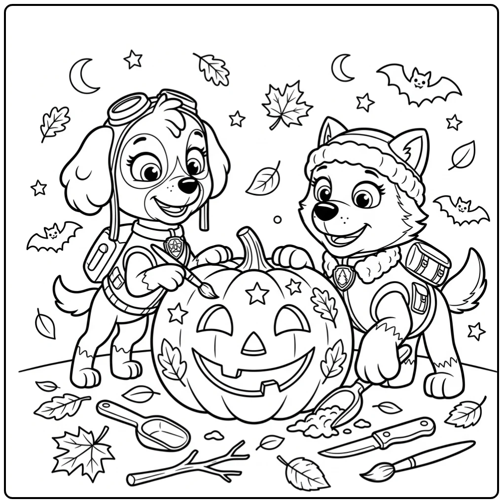 Skye en Everest versieren pompoen: paw patrol halloween kleurplaat.