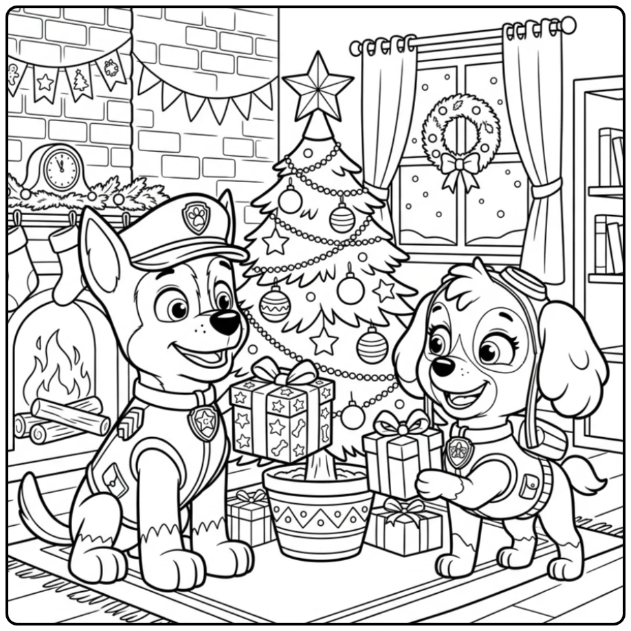 Chase en Skye delen cadeaus op deze paw patrol kerst kleurplaat.