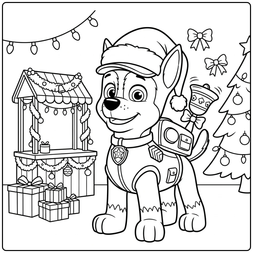 Chase belt met paw patrol kerst kleurplaat bij feestelijke kraam.