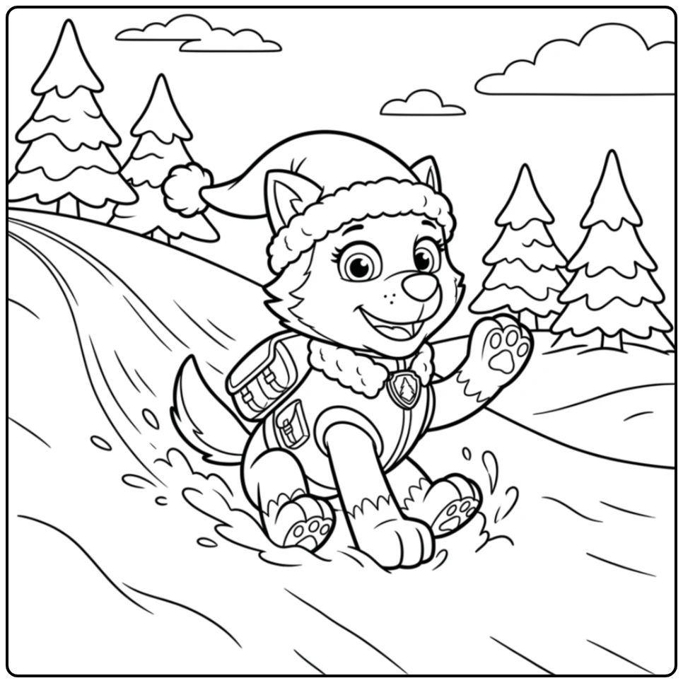Everest glijdt met kerstmuts van besneeuwde heuvel - paw patrol kerst kleurplaat.