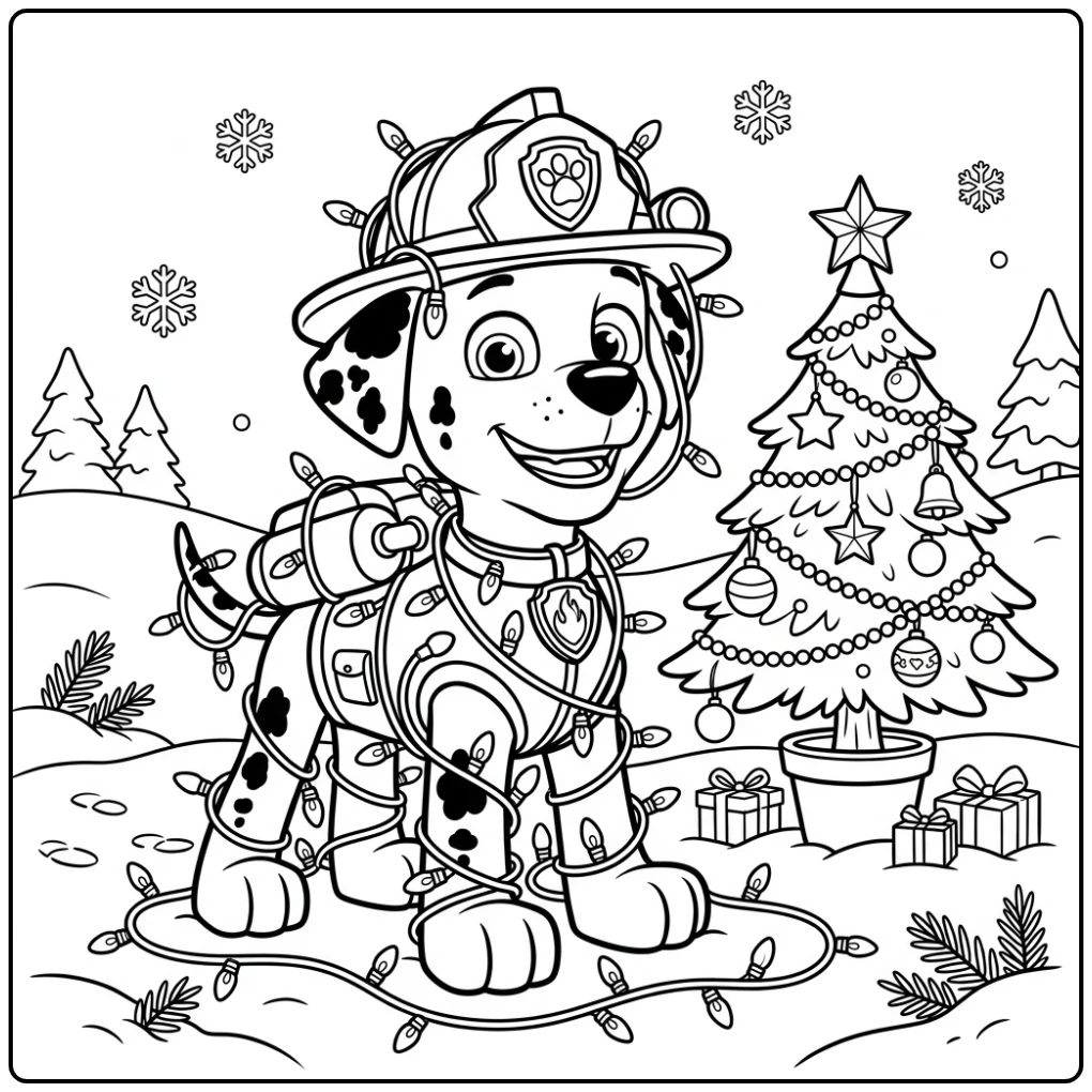 Marshall verstrikt in kerstlichtjes op paw patrol kerst kleurplaat