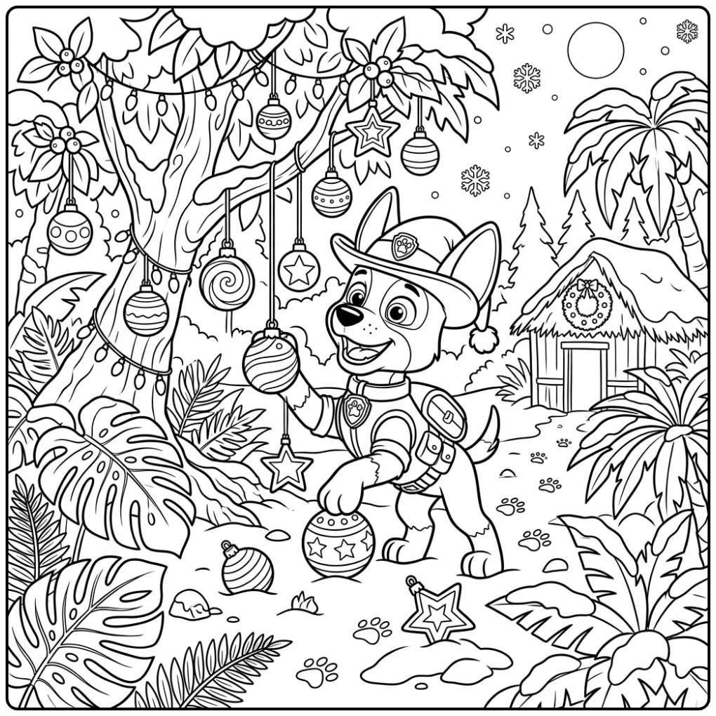 paw patrol kerst kleurplaat: Tracker in de besneeuwde jungle met kerstballen.