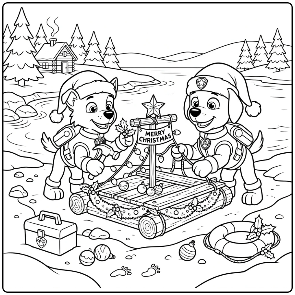 Zuma en Rocky bouwen kerstvlot, een paw patrol kerst kleurplaat