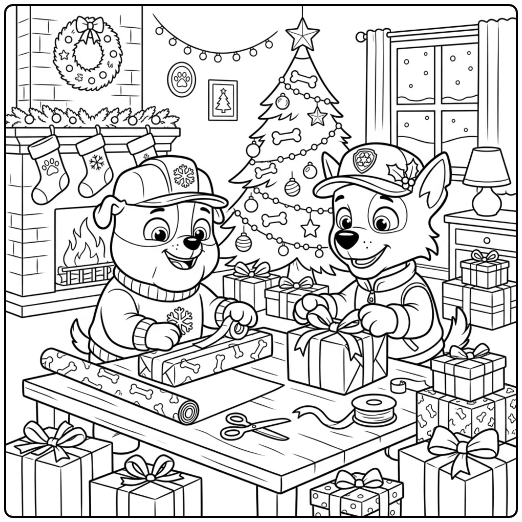 Rubble & Rocky pakjes inpakken voor kerst - paw patrol kerst kleurplaat
