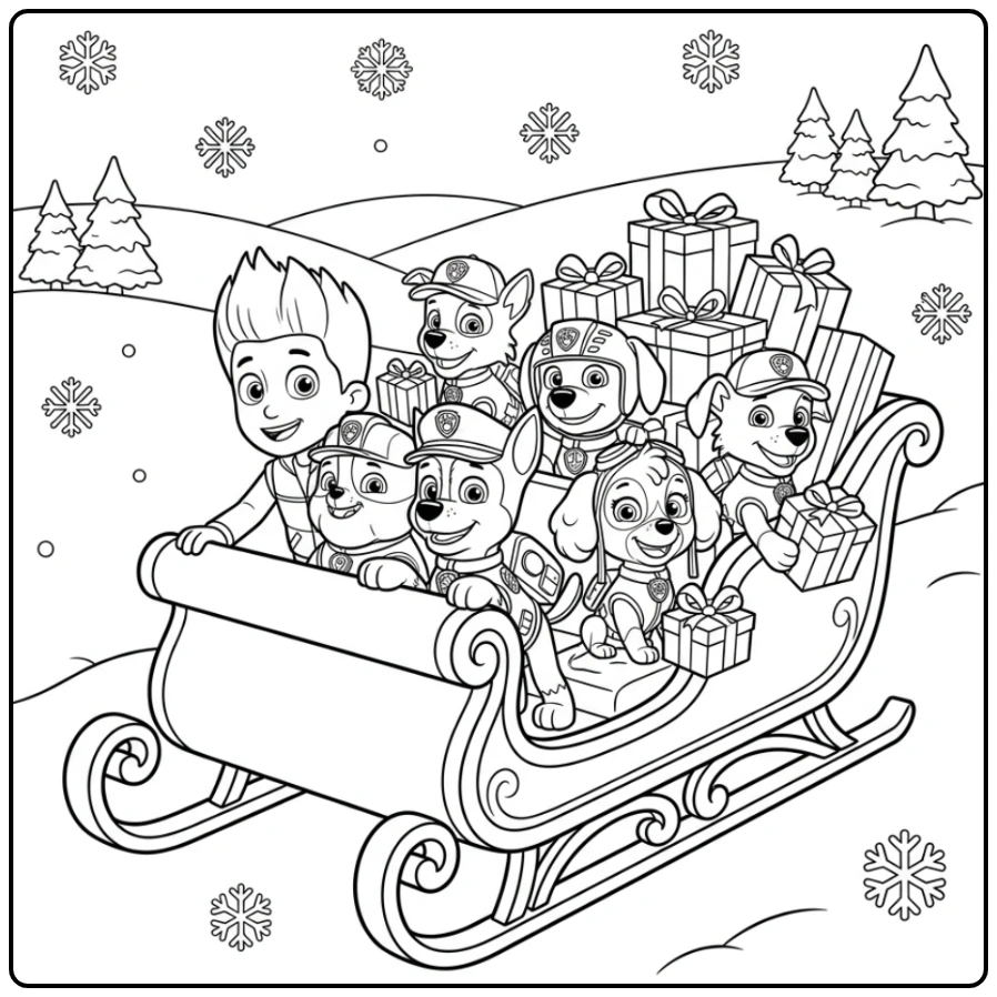 paw patrol kerst kleurplaat van team in kerstslee vol cadeaus