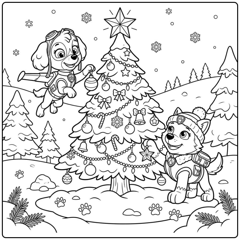 paw patrol kerst kleurplaat met Skye en Everest bij de boom.