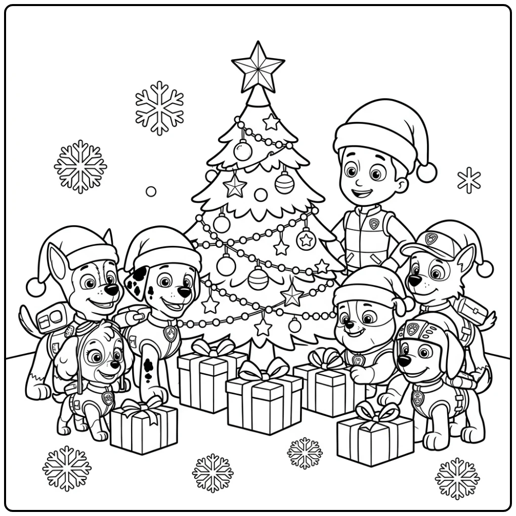 paw patrol kerst kleurplaat met Ryder en team bij de kerstboom