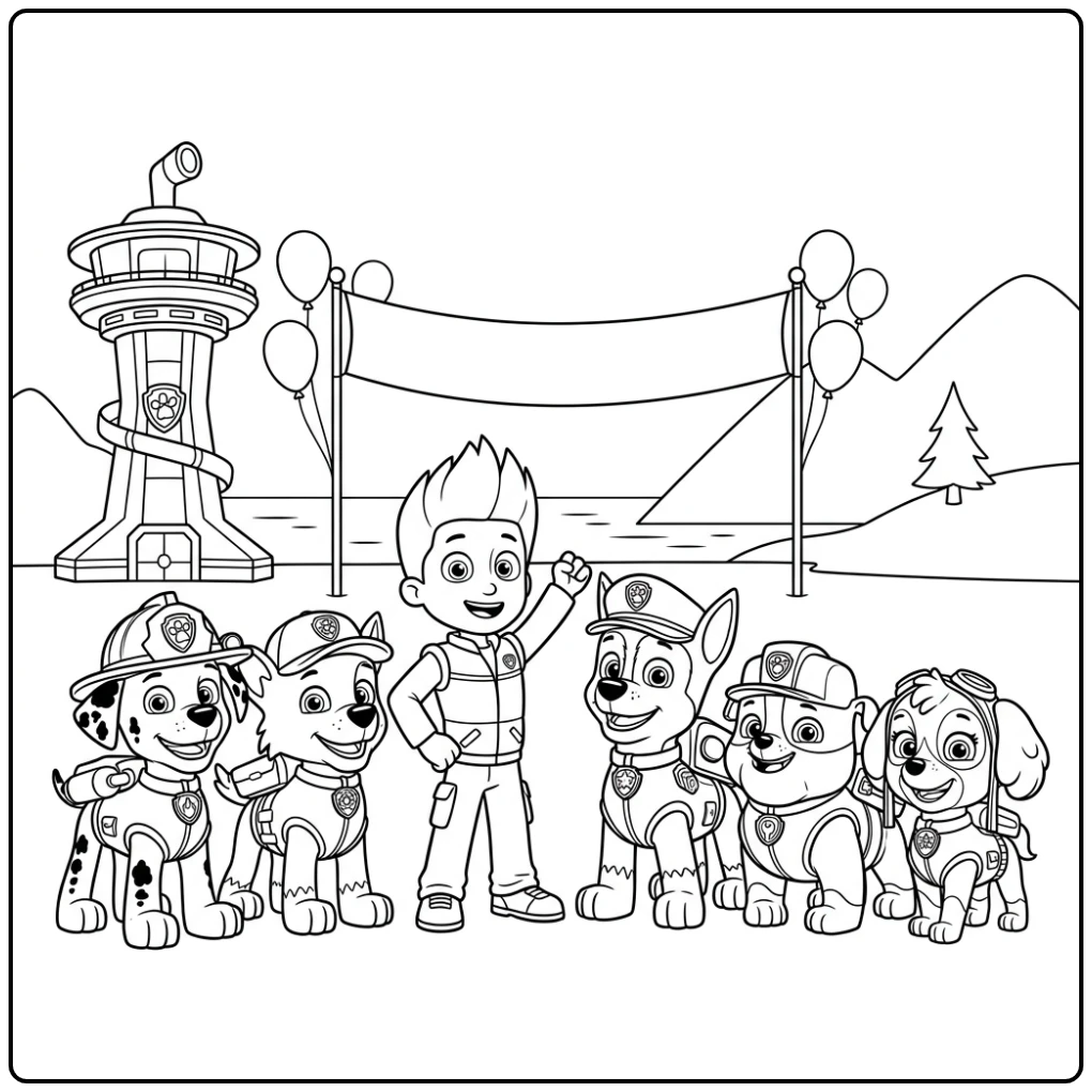 Ryder en Paw Patrol pups vieren redding op deze paw patrol kleurplaat
