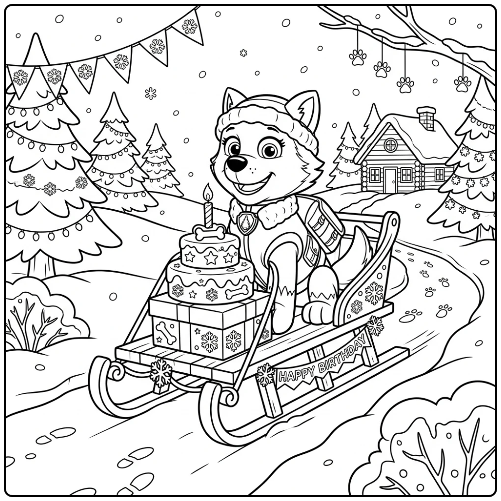 Everest van Paw Patrol bezorgt taart op slee, paw patrol kleurplaat verjaardag.