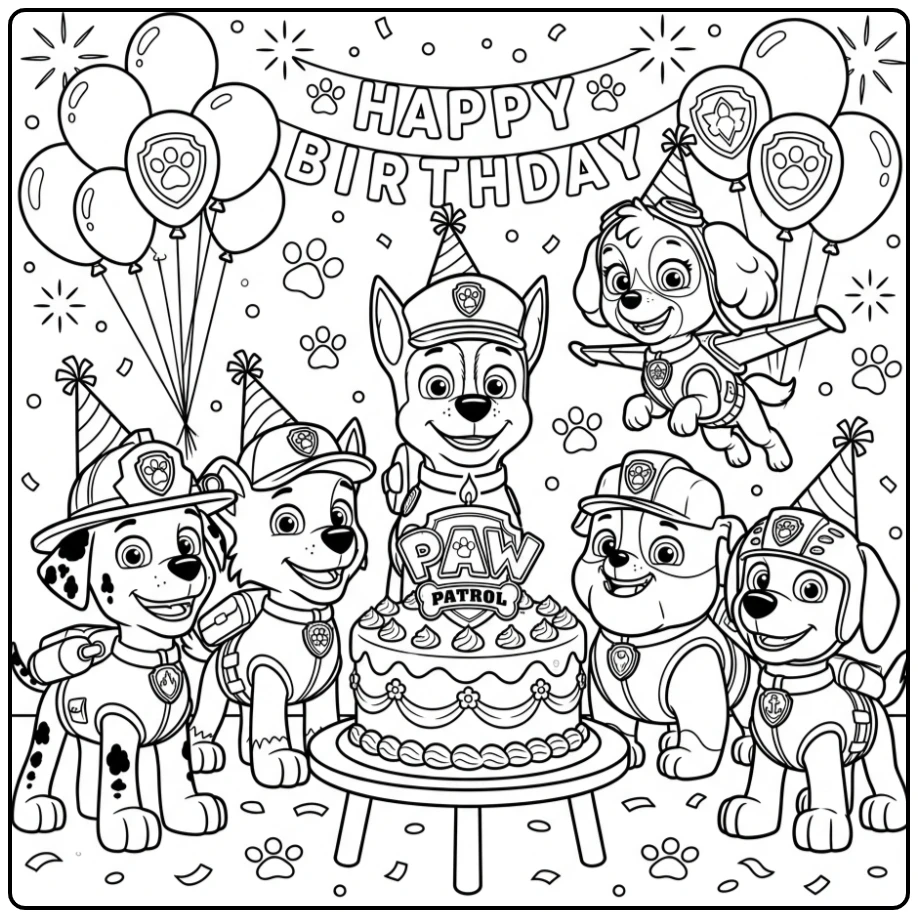 Paw Patrol kleurplaat verjaardag: het team viert feest met taart.