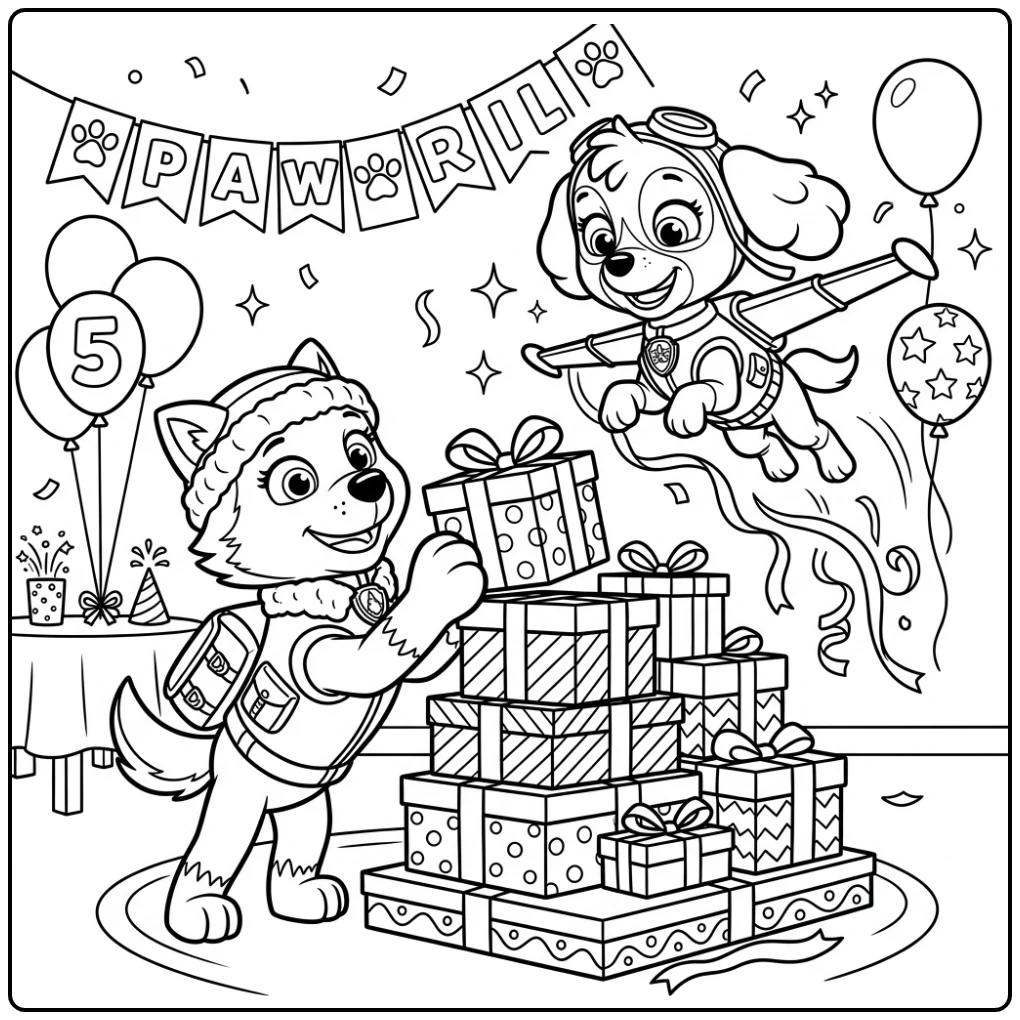 Paw patrol kleurplaat verjaardag: Everest stapelt cadeaus, Skye met linten.