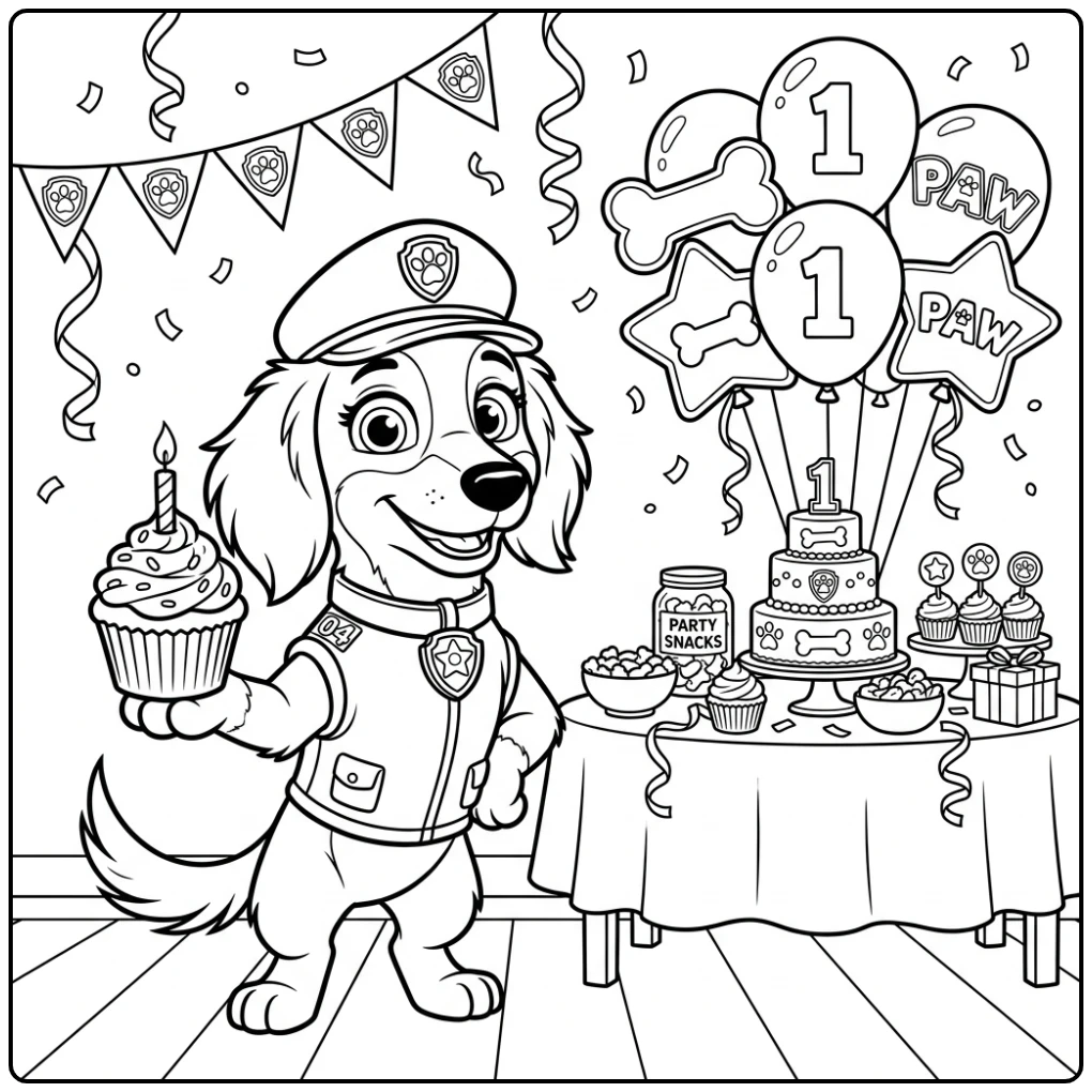 Liberty viert feest: paw patrol kleurplaat verjaardag met lekkers.