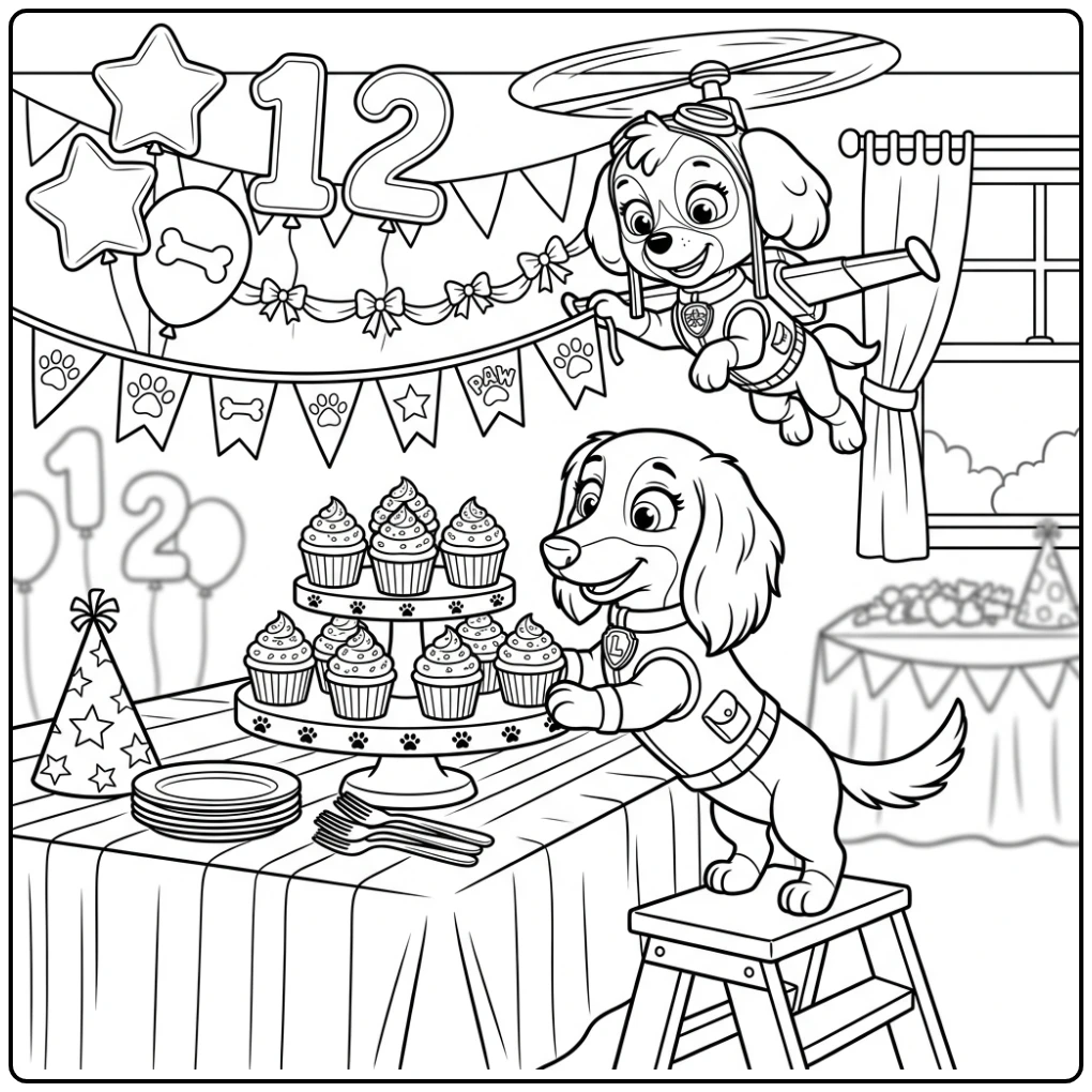 Paw patrol kleurplaat verjaardag: Liberty en Skye bereiden feest voor.