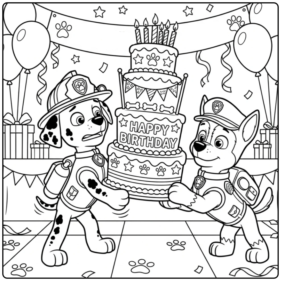 paw patrol kleurplaat verjaardag: Marshall balanceert taart, Chase helpt