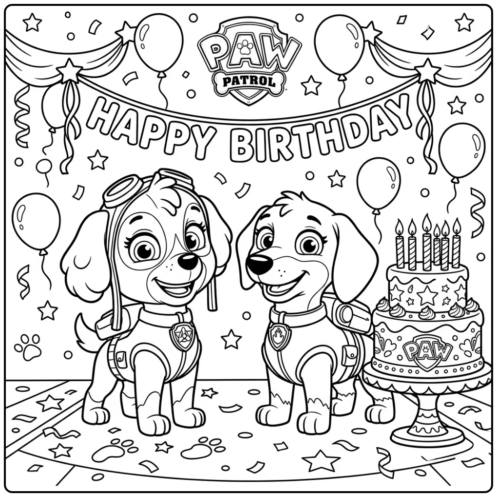 Skye en Liberty met een paw patrol kleurplaat verjaardag en taart.