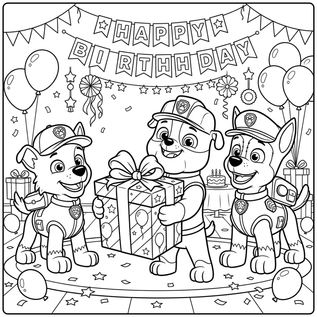Rubble met groot cadeau op paw patrol kleurplaat verjaardag
