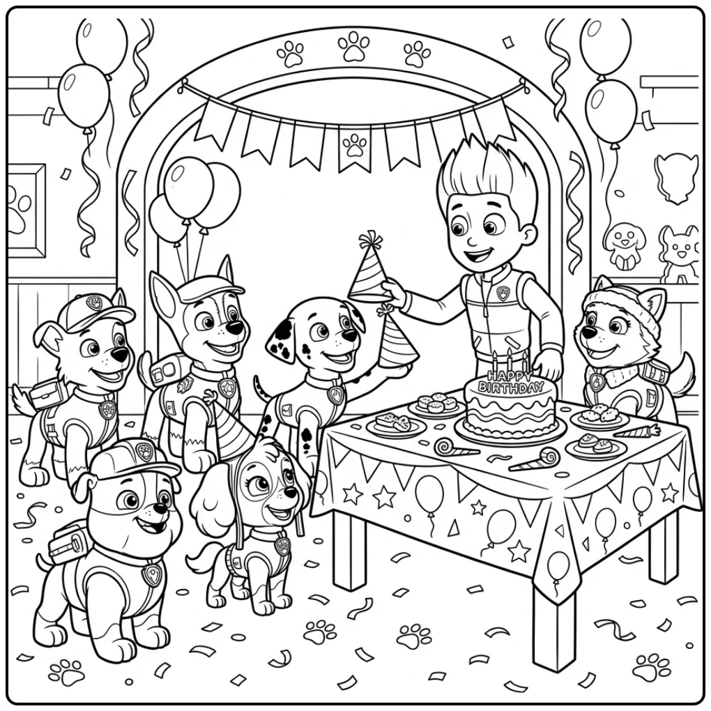 paw patrol kleurplaat verjaardag: Ryder deelt feesthoedjes uit aan de pups.