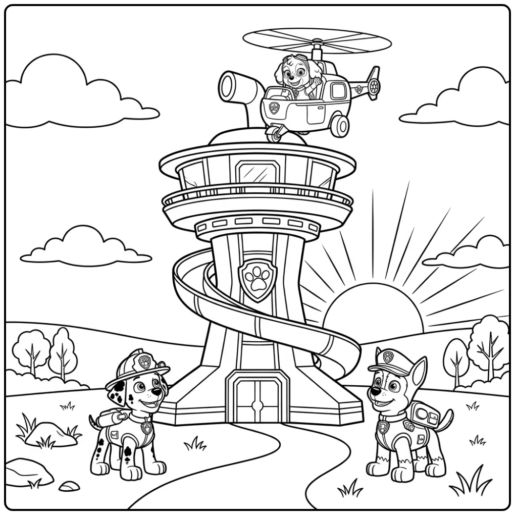 Skye landt bij de paw patrol uitkijktoren kleurplaat zonsopgang.