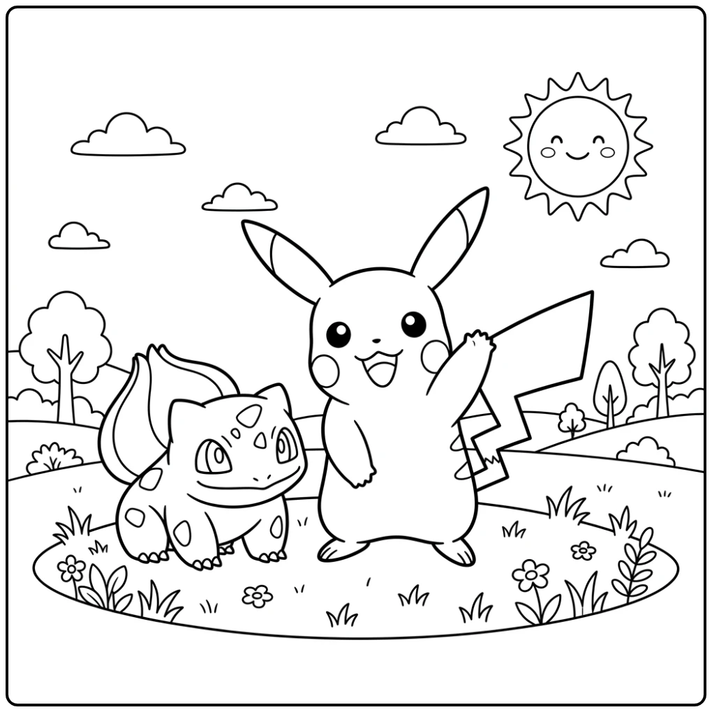 Pikachu en Bulbasaur in grasveld, een pokemon kleurplaat makkelijk voor iedereen