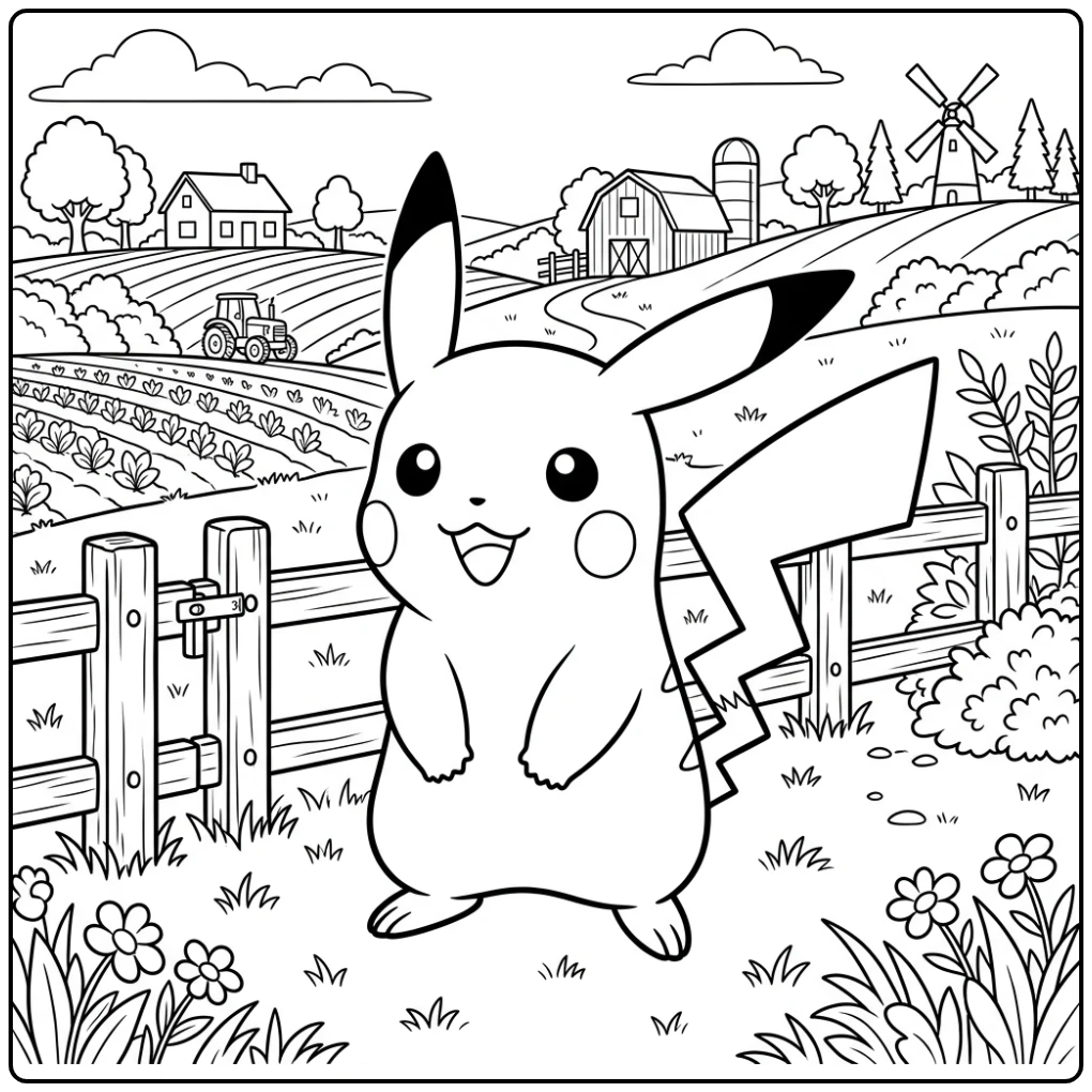 Leuke pikachu kleurplaat op een rustige boerderij met hek.