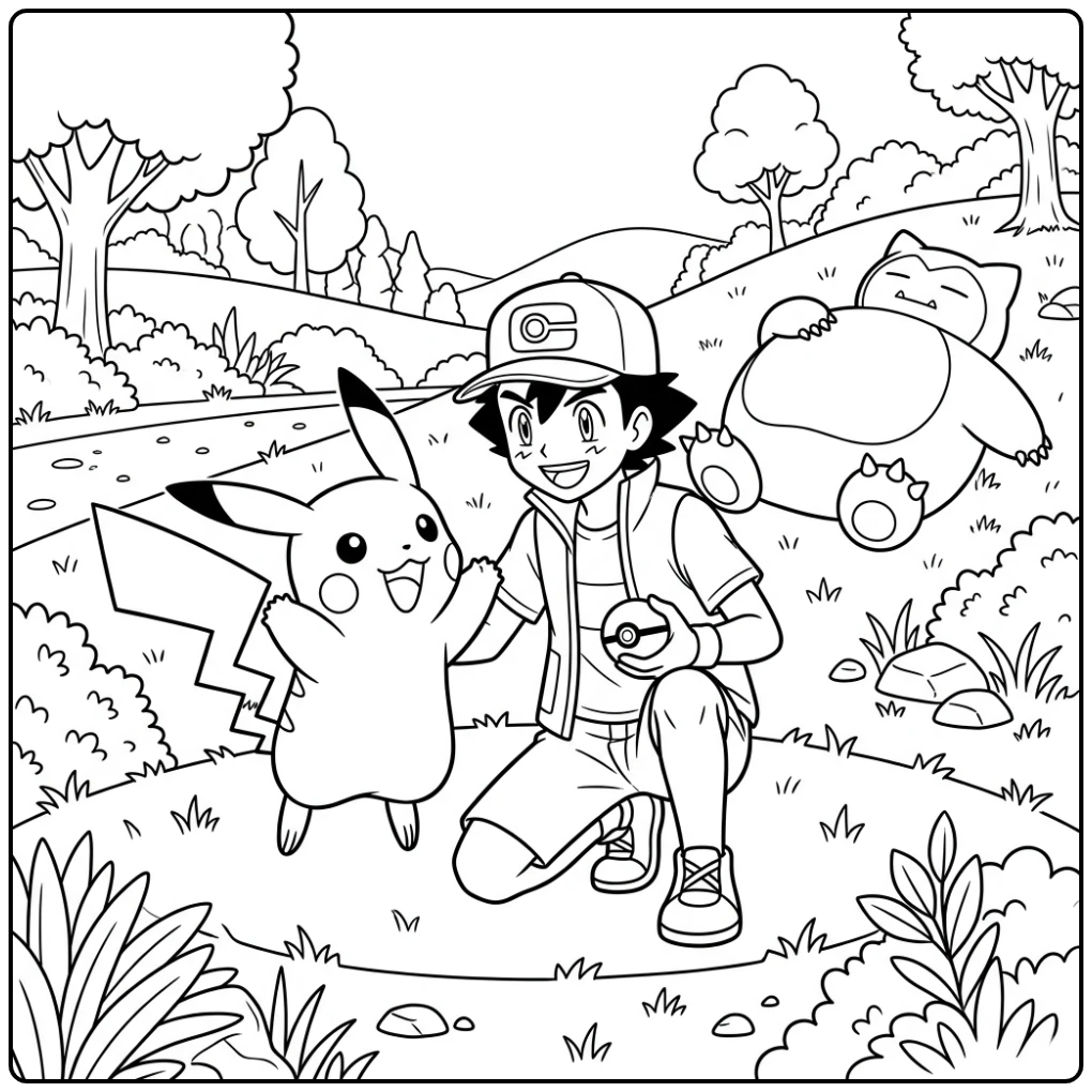 Een leuke pikachu kleurplaat met Satoshi en Snorlax erbij.