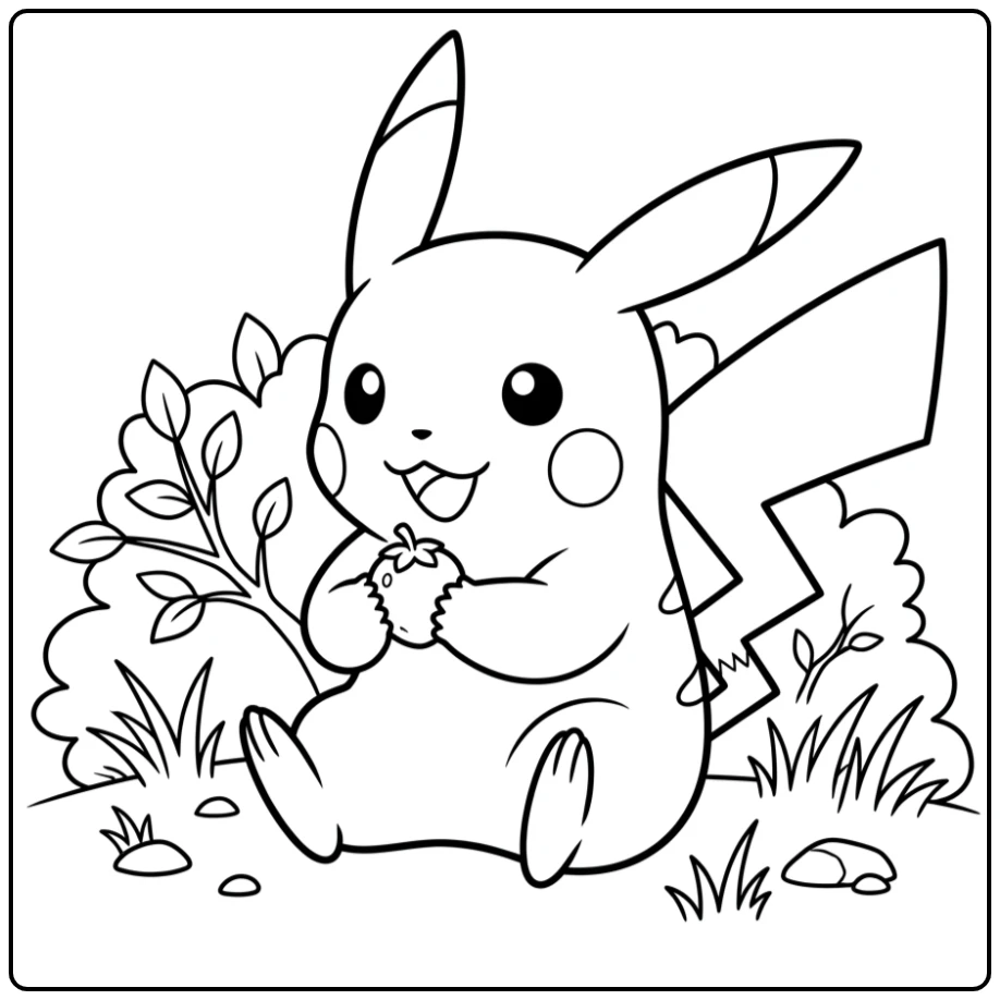 Schattige pikachu kleurplaat: Pikachu met een klein besje.