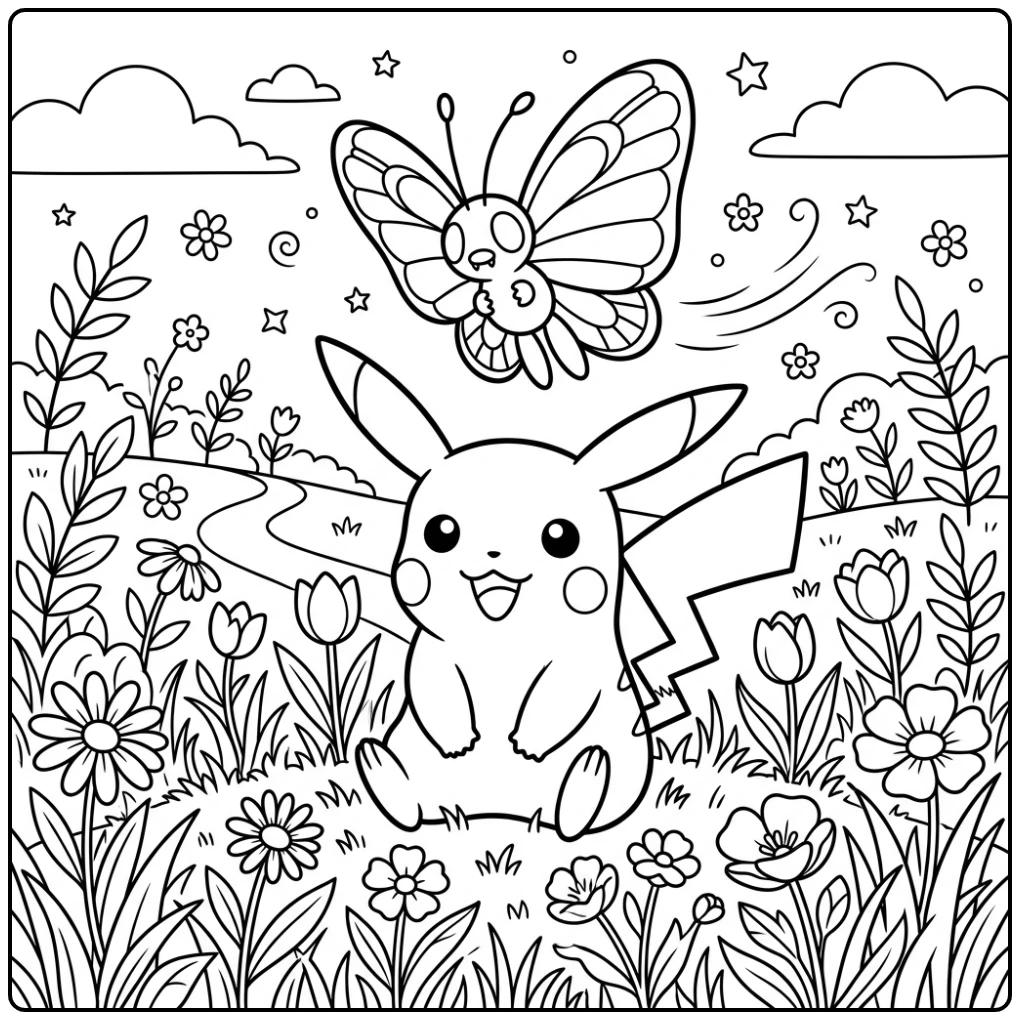 Schattige kleurplaat pokemon schattig: Pikachu en Butterfree in bloemenveld.