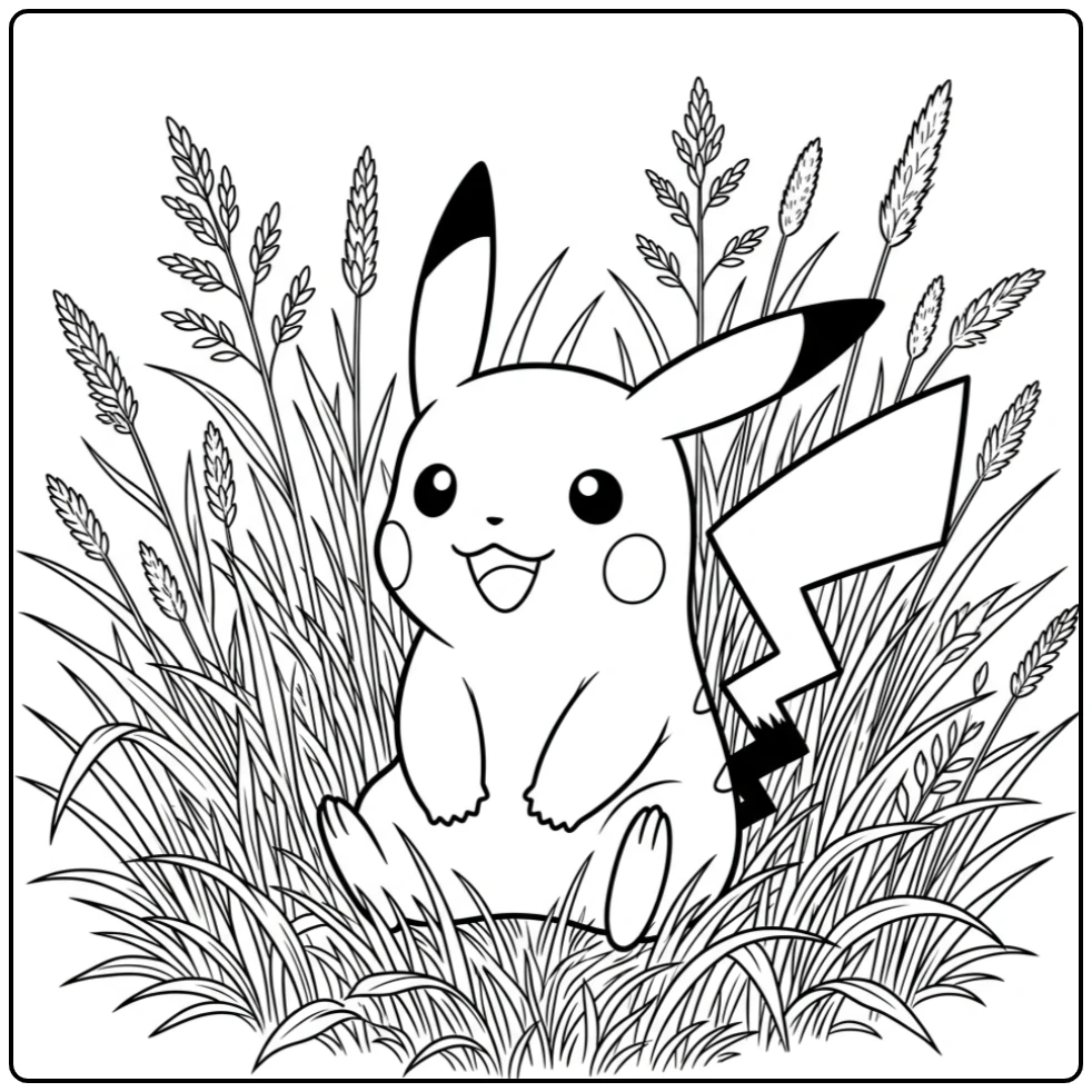 Schattige pikachu kleurplaat in het hoge gras met zaadjes.