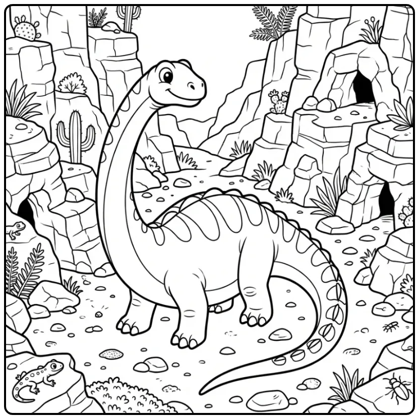 Schattige Plateosaurus wandelt in ravijn dino kleurplaat.