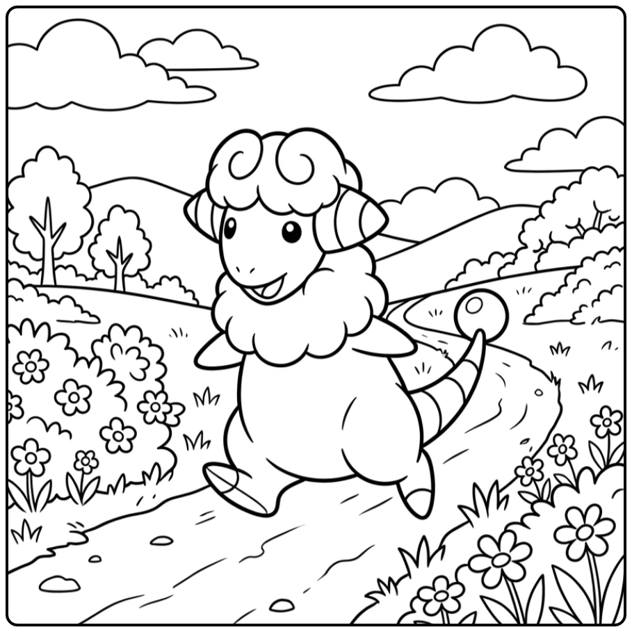 Leuke Pokemon Flaaffy kleurplaat op een plattelandspad.