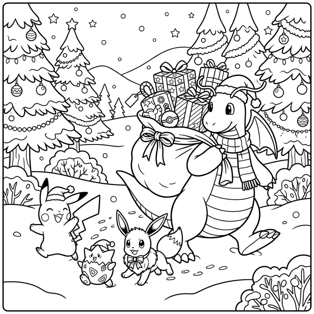 Festieve pokemon kerst kleurplaat met Dragonite en vrienden in de sneeuw