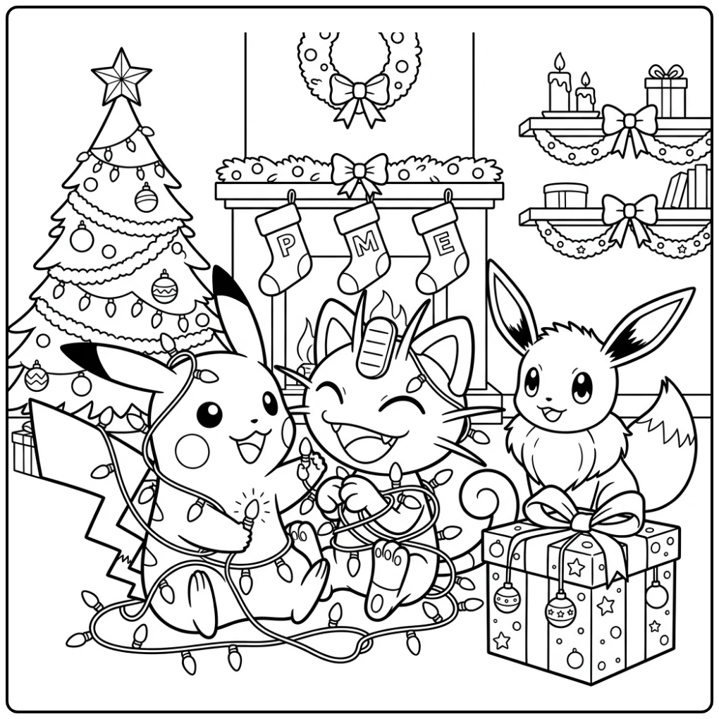 Leuke pokemon kerst kleurplaat: Pikachu en Meowth in kerstlichtjes