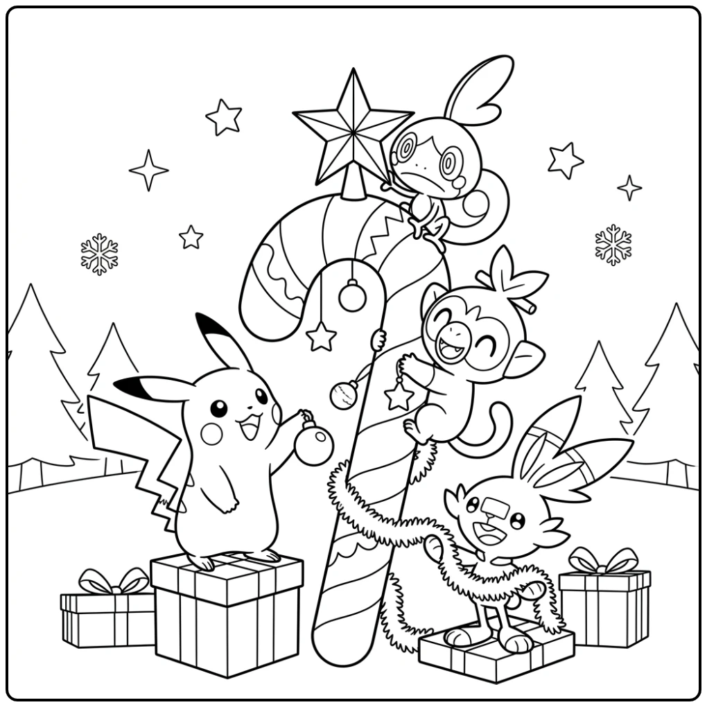 Pikachu, Grookey en vrienden versieren een reusachtige zuurstok; pokemon kerst kleurplaat.