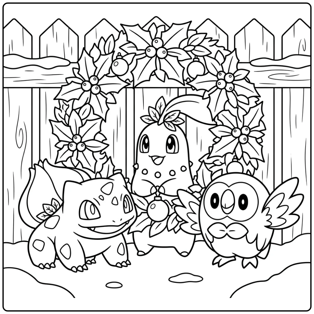 Bulbasaur, Chikorita, Rowlet versieren kerstkrans: pokemon kerst kleurplaat.