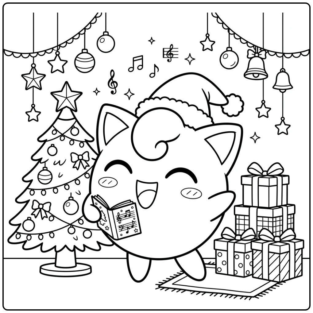 Jigglypuff zingt kerstliedjes: een leuke pokemon kerst kleurplaat.