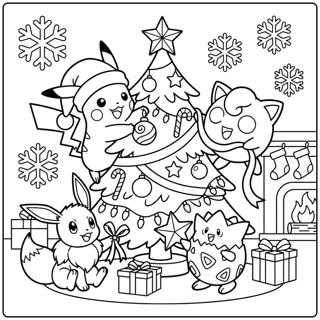 Pikachu met kerstmuts en vrienden versieren boom: pokemon kerst kleurplaat