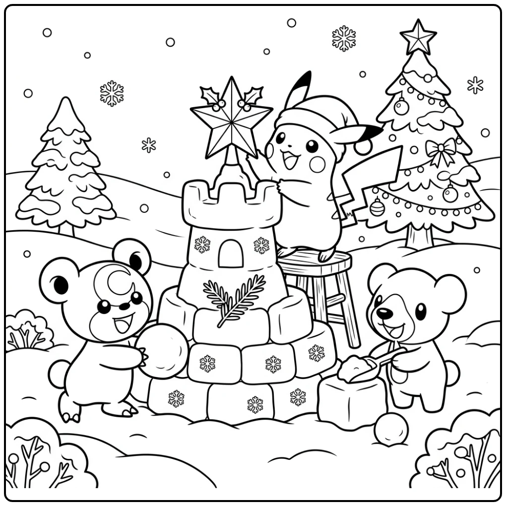 Schattige pokemon kerst kleurplaat met sneeuwfort fun en vrienden.