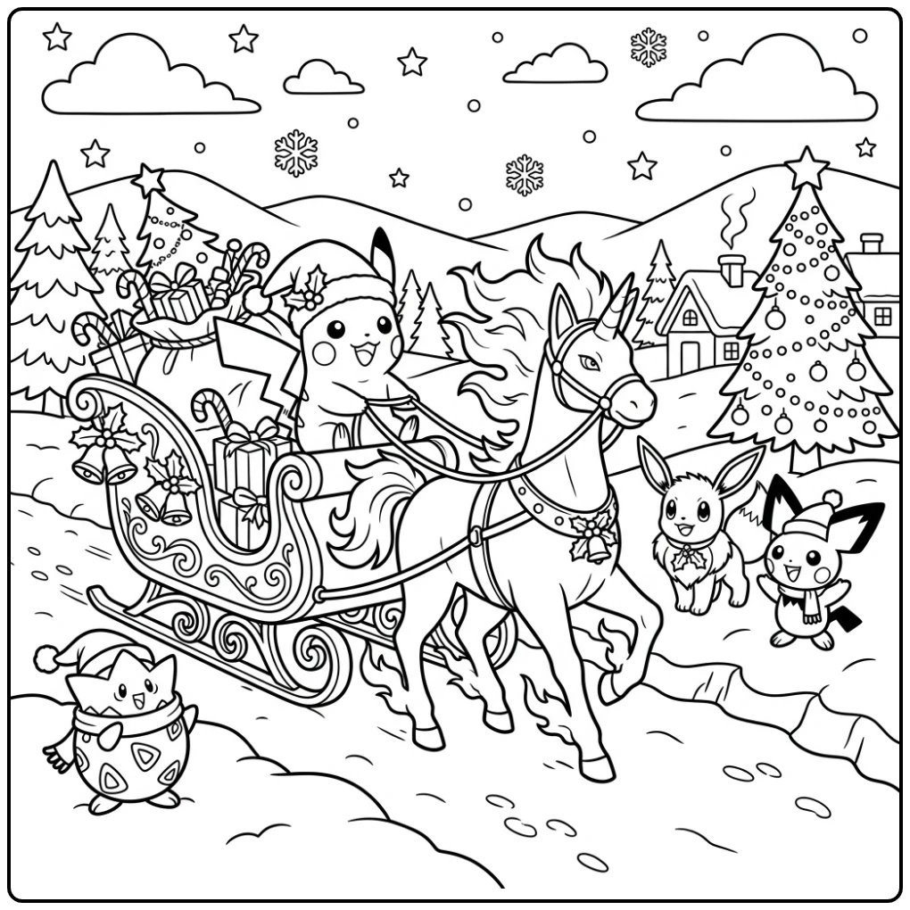 Pikachu op slee met Rapidash, pokemon kerst kleurplaat vrolijk