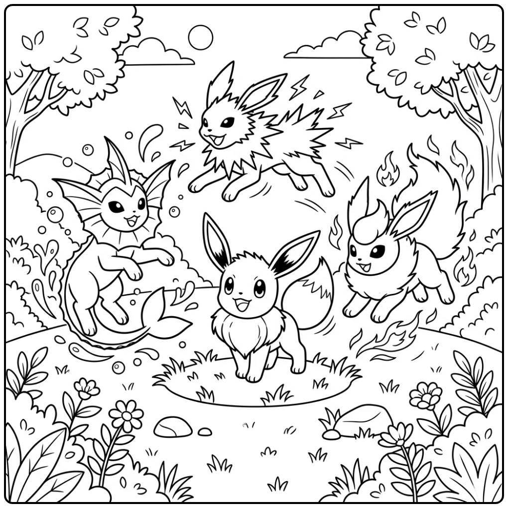 pokemon kleurplaat eevee evolutions: Eevee en haar evoluties spelen