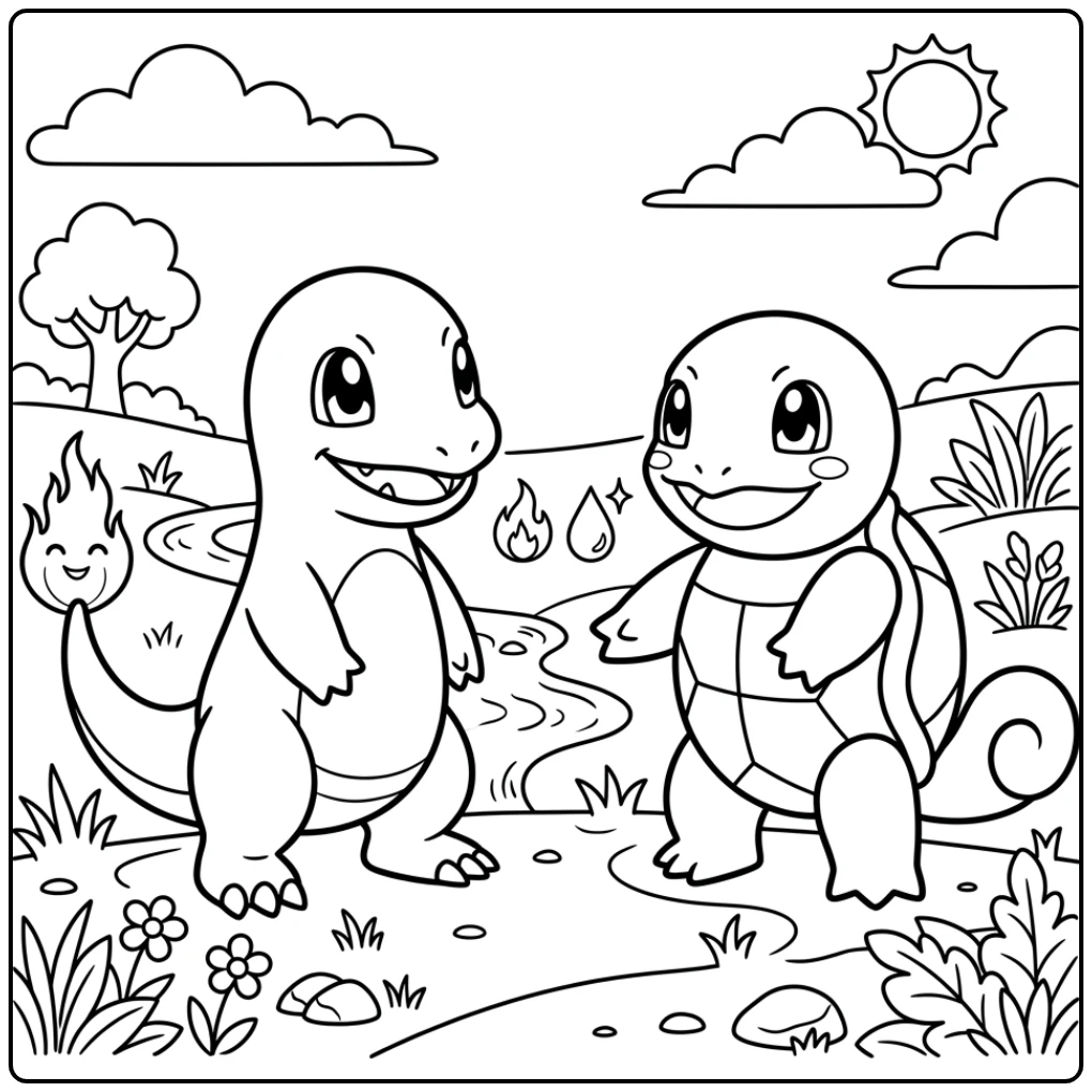 Schattige pokemon kleurplaat makkelijk met lachende Charmander en Squirtle
