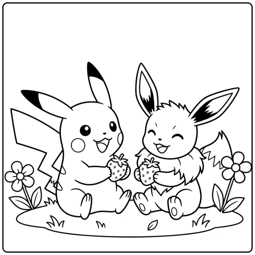 pokemon kleurplaat makkelijk: Pikachu & Eevee delen besje vrolijk