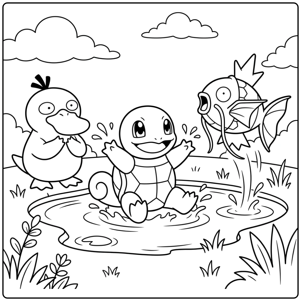 Squirtle spettert water in een leuke pokemon kleurplaat makkelijk scene.