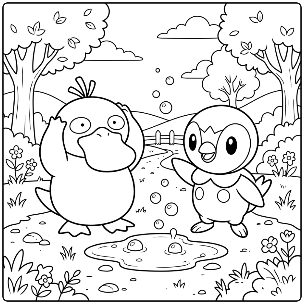 Psyduck en Piplup bij plas, een pokemon kleurplaat makkelijk om te kleuren.