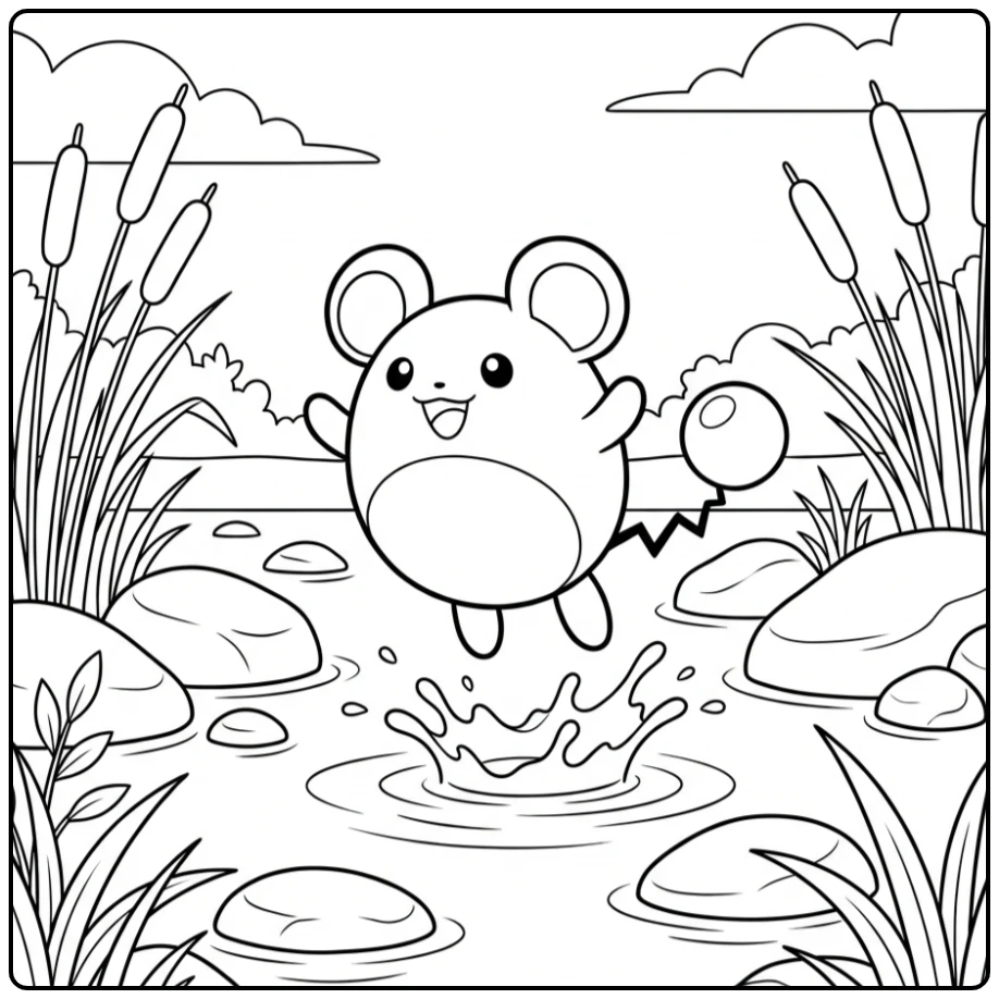 Leuke Pokemon Marill kleurplaat bij een rustig beekje.