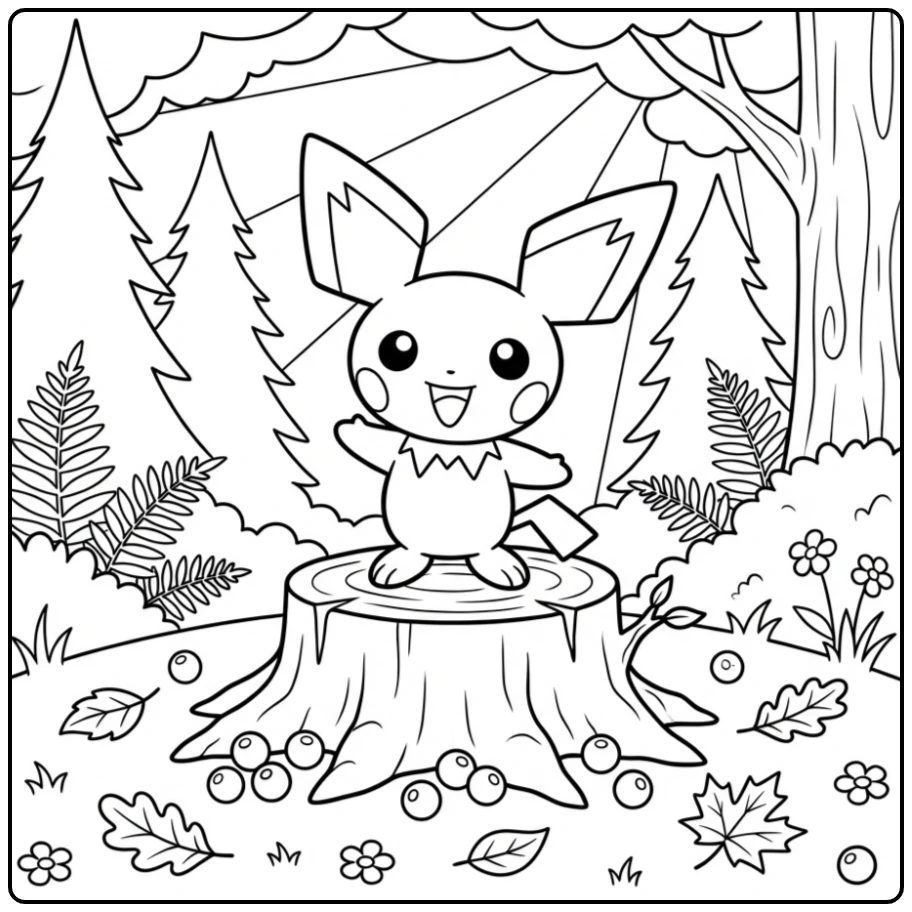Leuke Pokemon Pichu kleurplaat in het bos op een boomstam.