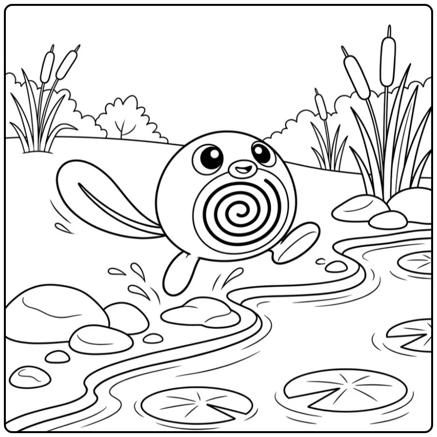 Leuke Pokemon Poliwag kleurplaat bij een ondiep stroompje.
