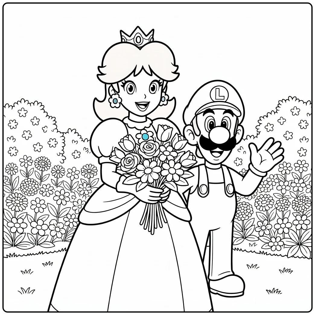 Mooie princess daisy kleurplaat met Luigi in de tuin.